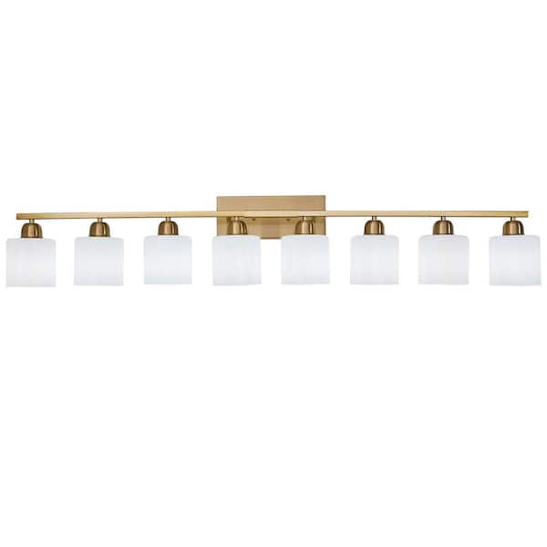 Modern 52 in. 8-Light Gold Vanity Light Wall Sconce with Milky White Frosted Glass Shades