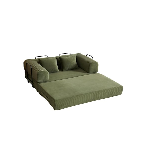 59.05 in. Green Striped Corduroy Twin Size Convertible Sofa Bed
