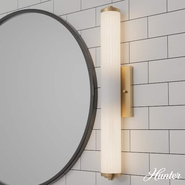 Hunter Holly Grove 24 in. 2-Light Alturas Gold Vanity Light with Cased White Ribbed Glass Shades