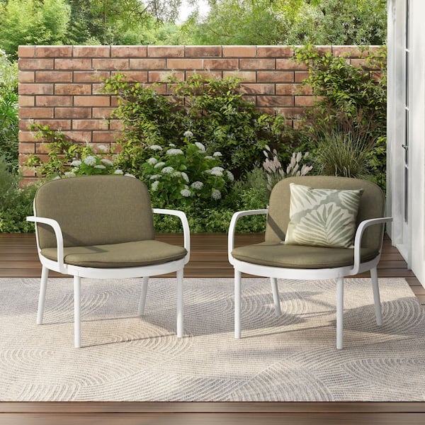 CHRISTOPHER KNIGHT HOME Luna Modern Patio White Polypropylene Plastic Frame Outdoor Lounge Chairs with Green Cushions, Set of 2