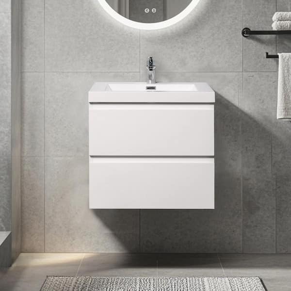 24 in. Wall-Mounted Floating Bath Vanity in Gloss White with Single Solid Surface Sink Top in White