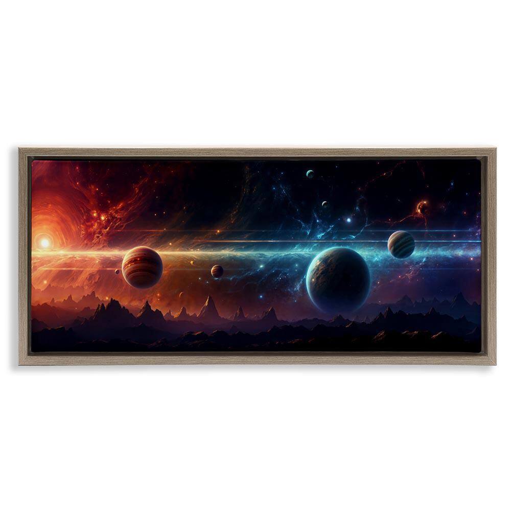 Surreal Planets over Crags by Wumples Brown Floater Frame Abstract Graphic Art Print 31 in. x 15 in.