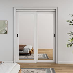 60 in. x 80 in. Solid Core 1-Lite Mirror White Primed MDF Interior Closet Sliding Door with Hardware and Black Handle