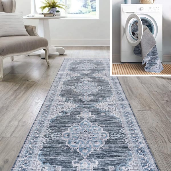 JONATHAN Y Gray/Blue/White 2 ft. x 8 ft. Wincer Chenille Cottage Medallion Machine-Washable Runner Rug