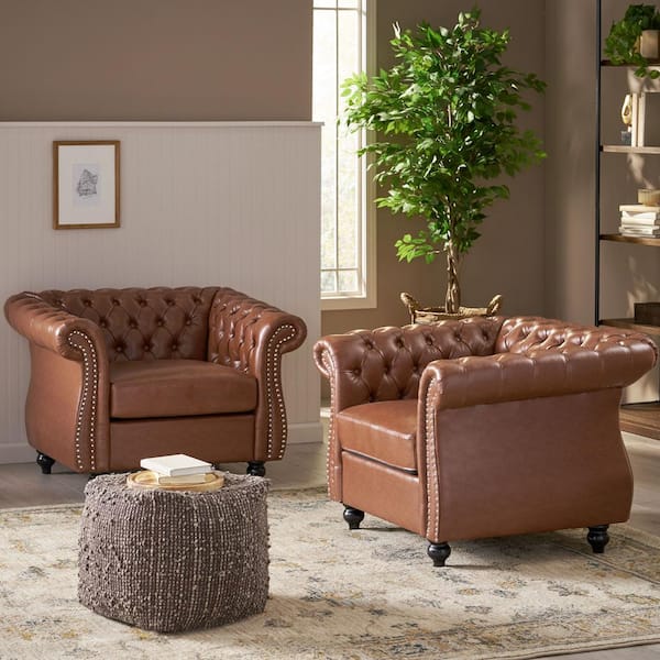 Noble House Silverdale Cognac Brown Faux Leather Club Chair with Nailhead Trim (Set of 2)