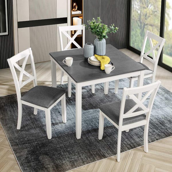 5-Piece Square White/Gray Wood Top Dining Room Set Seats 4