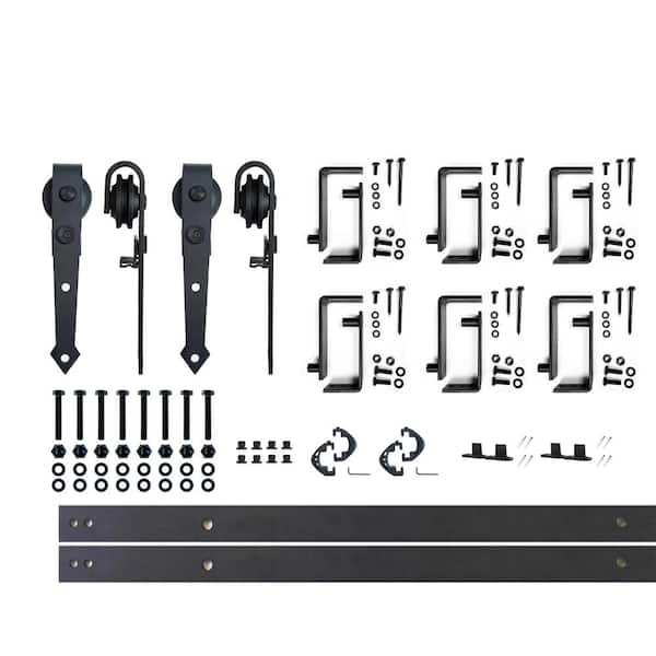 HOMACER 7.5 ft./90 in. Black Rustic Double Track Bypass U-Shape Sliding Barn Door Hardware Kit - Arrow Design Roller