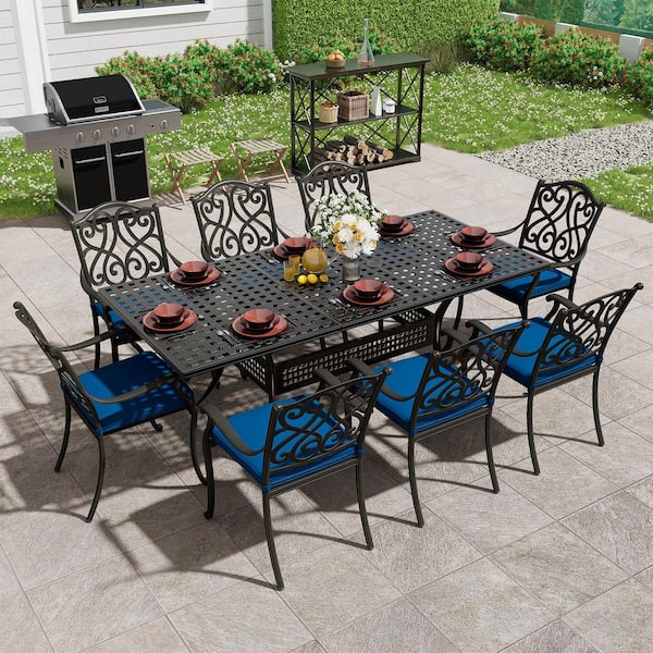 Mondawe 9-Piece Black Cast Aluminum Outdoor Dining Set with Rectangle Expandable Table 8 Dining Chair with Beige Cushion(Seat 8)