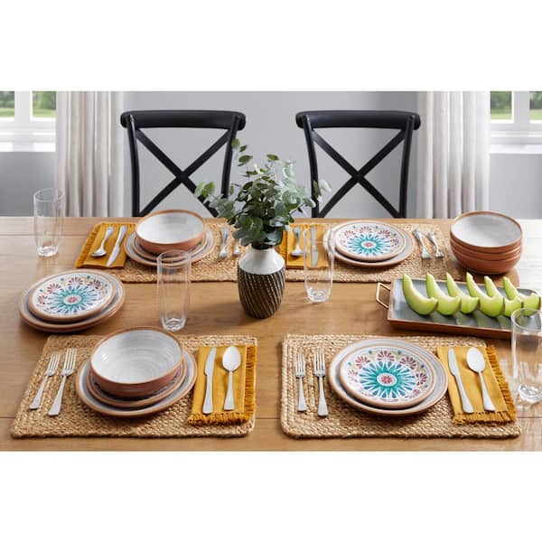 Dishwasher Safe Service for 4 Melamine Dinnerware Set -12pcs Outdoor and Indoor Plates and Bowls Set Blue Flower 
