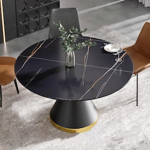 53.15 in. Round Sintered Stone Black Dining Table with Black Pedestal Metal Base (Seat 6)