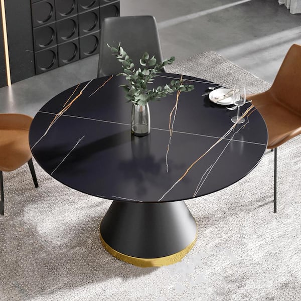 Magic Home 53.15 in. Round Sintered Stone Black Dining Table with Black Pedestal Metal Base (Seat 6)