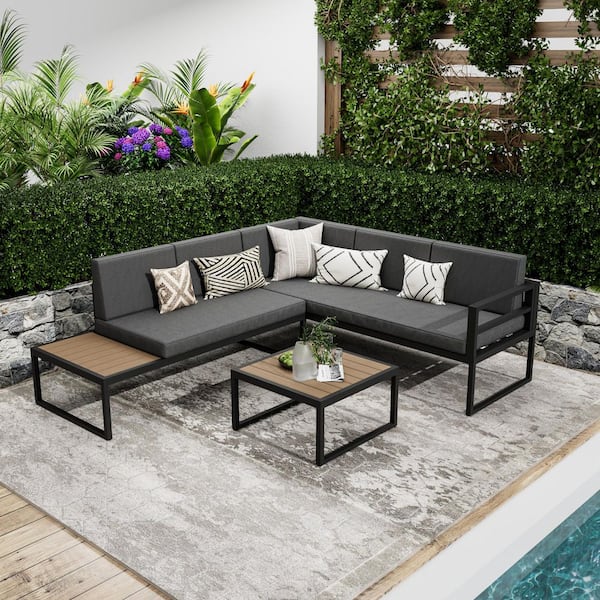 5-Piece Aluminum Patio Conversation Seating Set with Side Table, Coffee Table and Dark Grey Cushions