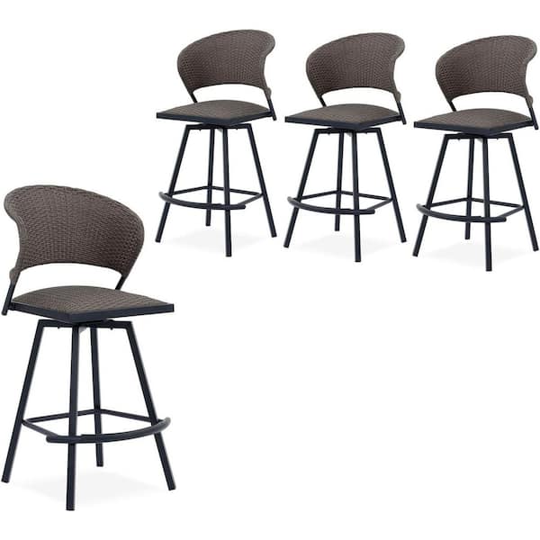4-Piece Brown Wicker Outdoor Patio Bar Stools with Metal Frame for Backyard