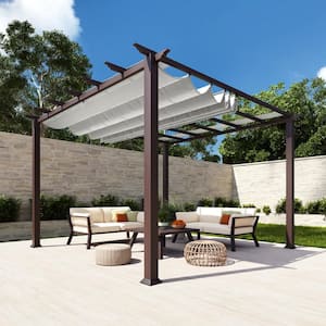 Florence 11 ft. x 11 ft. Wood Grain Aluminum Pergola in Chilean Ipe and Gray Convertible Canopy