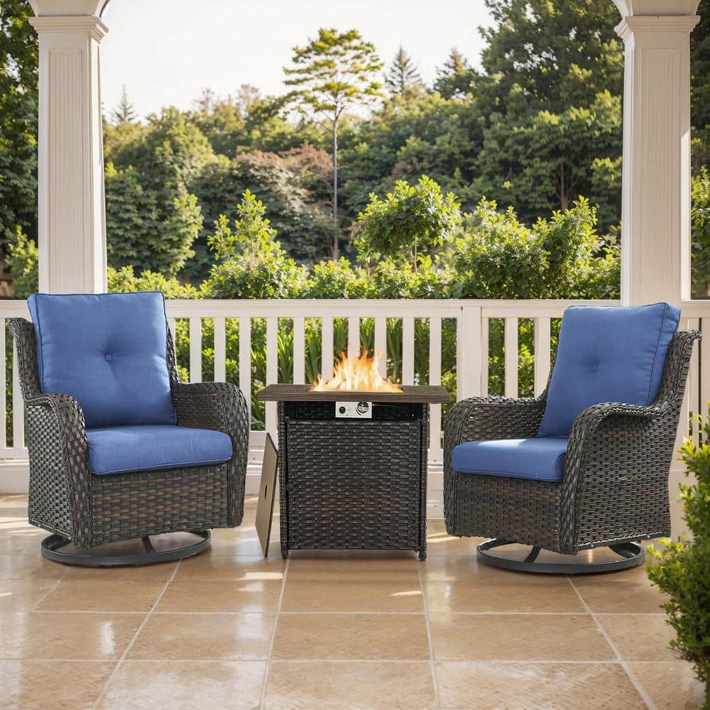 Arcline 3-Piece Brown Wicker Outdoor Dining Set with Olefin Blue Cushions Fire Pit Sets with Swivel Gliders for Patio price history on PriceWatchPro