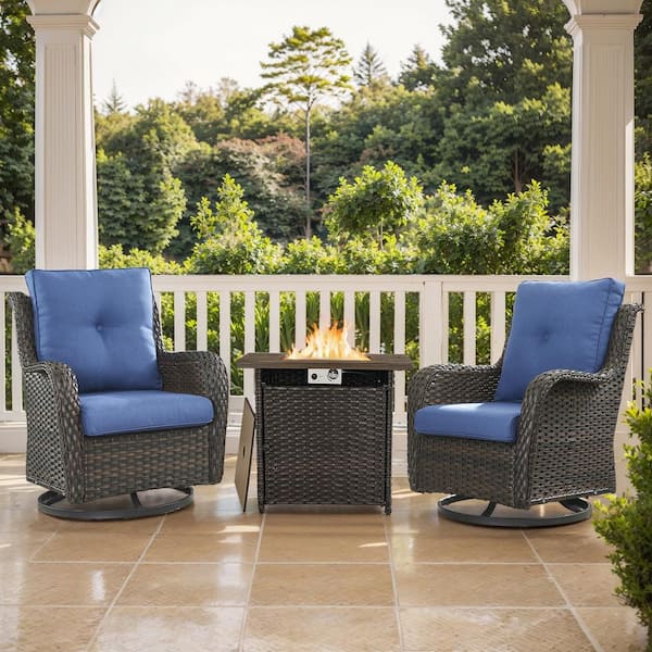 moosprr 3-Piece Brown Wicker Outdoor Dining Set with Olefin Blue Cushions Fire Pit Sets with Swivel Gliders for Patio