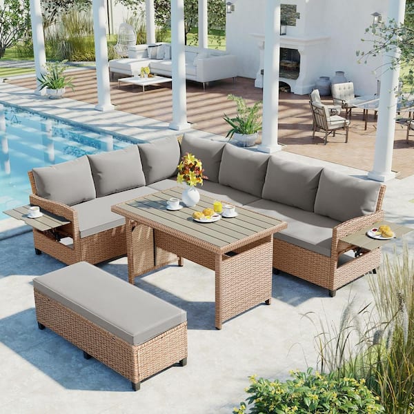Polibi 5-Piece Brown Wicker Patio Conversation Sectional Seating Set with Gray Cushions, Extendable Tables and Washable Covers