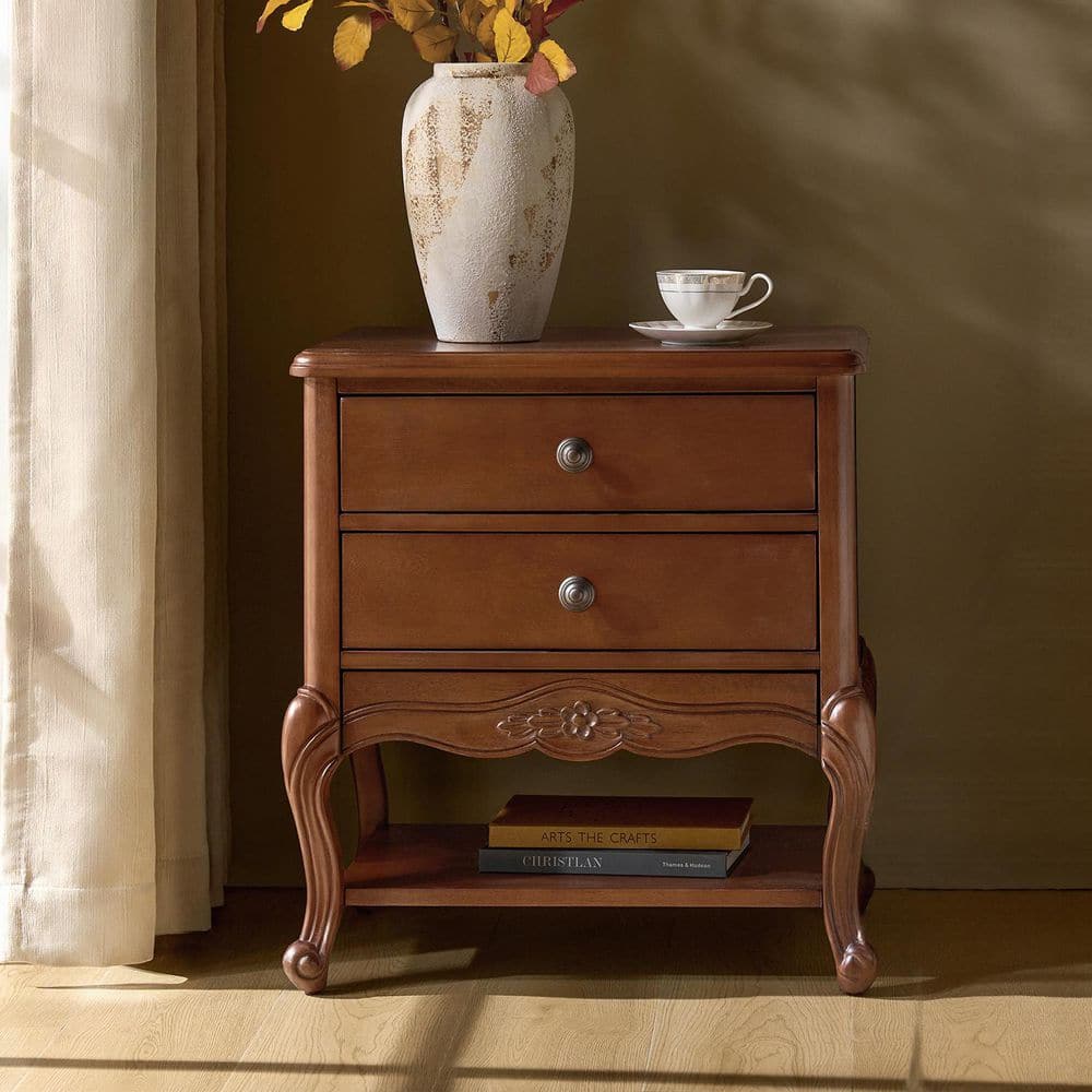 Nancy Walnut 18.25 in. W Traditional 3-Drawer Nightstand with Solid wood legs and Built-in Power Outlet