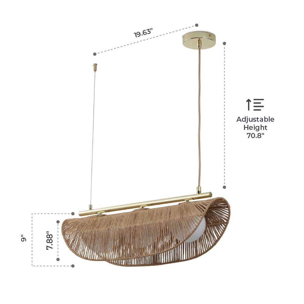 Sovev 27.5 in. Brass Bohemian Pendant Light with Rattan and Glass Shades
