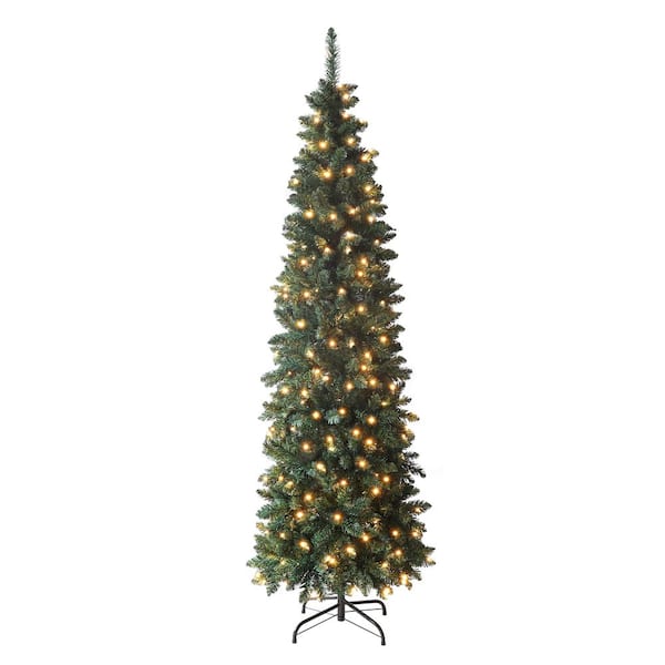 VEIKOUS 7.5 ft. Green Pencil Artificial Christmas Tree with White LED ...