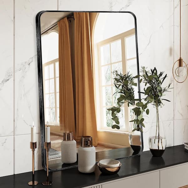 Sxiawe 20 in. W x 30 in. H Modern Rectangular Aluminum Alloy Black Rounded Corner Wall Mirror/Decorative Mirror