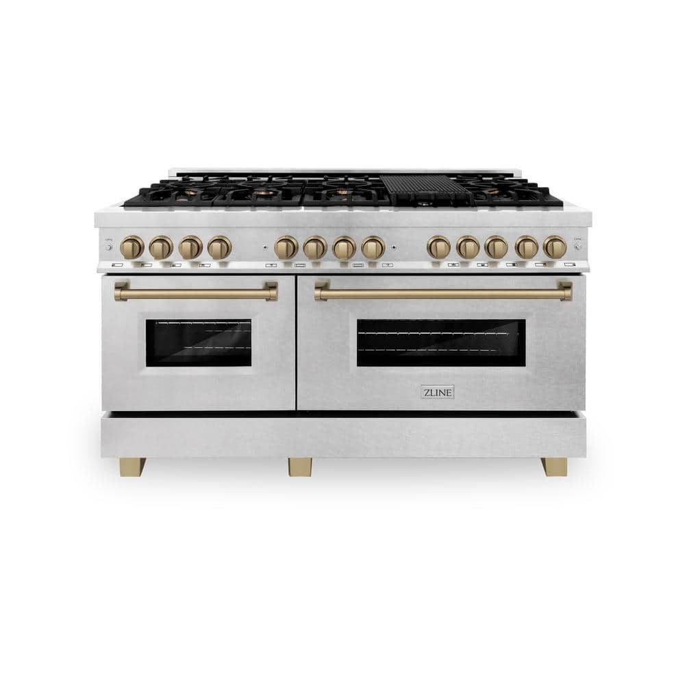 Autograph Edition 48 in. 9 Burner Double Oven Dual Fuel Range in Fingerprint Resistant Stainless and Champagne Bronze -  ZLINE Kitchen and Bath, RASZ-SN-60-CB