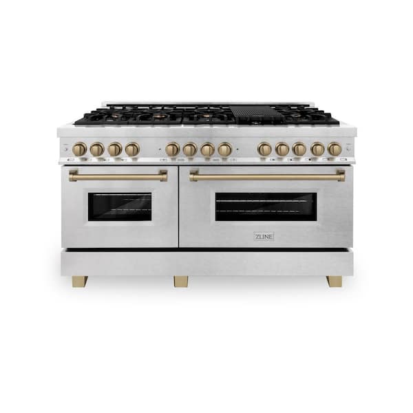 ZLINE Kitchen and Bath Autograph 60 in. Legacy Dual Fuel Range with 9 Burners and 2 Electric Ovens in Satin Stainless Steel and Bronze Accents