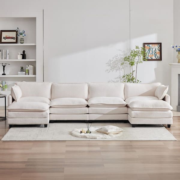 147.64 in. Loop Velvet Sectional Sofas with Two Ottomans for Living Room in Beige