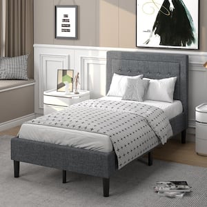 Grey Twin Upholstered Bed Frame Button Tufted Headboard Mattress Foundation
