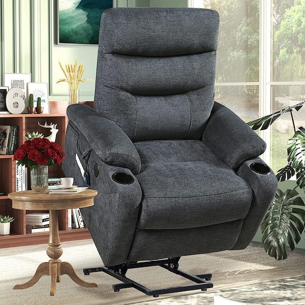 CSC DECOR INC Gray Polyester Rocker Massage Chair Electric Power Lift Recliner Chair with Heat Cup Holders and Side Pockets