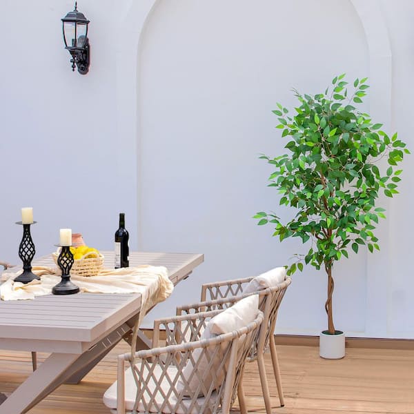 6 ft. Artificial Ficus Tree in White Planter Realistic Leaves Natural Trunk Faux Greenery Plant Indoor Home Office Decor