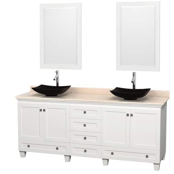 Wyndham Collection Acclaim 80 in. W Double Vanity in White with Marble Vanity Top in Ivory, Black Sinks and 2 Mirrors
