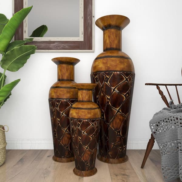 Litton Lane 50 in., 35 in., 26 in. Brown Indoor Outdoor Tall Floor Metal Decorative Vase (Set of 3)