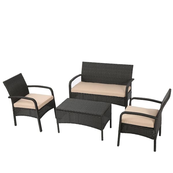 Zeus & Ruta 4-Piece Brown Wicker Patio Conversation Set with Tan Cushions and Coffee Table for Porch, Balcony, Poolside