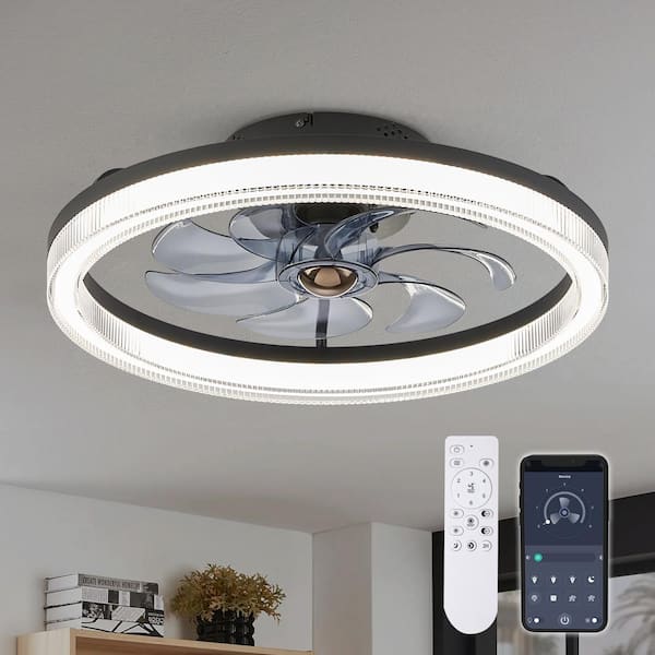 ANTOINE 20 in. LED Indoor Black Low Profile Ceiling Fan with Dimmable Lighting Small Flush Mount Ceiling Fan with Remote