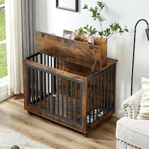 Dog Crate Side Table with Feeding Bowl, Wheels, 3-Doors for Small to Medium Dogs