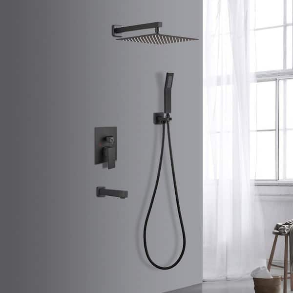 Rain Single Handle 1-Spray Tub Shower Faucet Handheld Combo with Valve 1.8 GPM 12 in. Adjustable Shower Head in Black