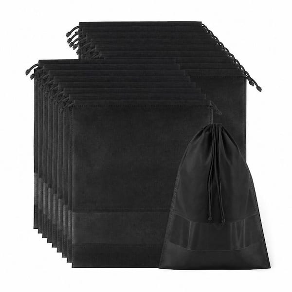Black Breathable Shoe Bags w/ Clear Window, 12-Pack Large Drawstring Travel Luggage Organizers for Shoes and Accessories