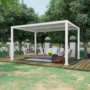 10 ft. x 13 ft. Patio Pergola Aluminum Frame Hand Crank Louvered Dome Drainage System with 4 Strong Pillars, White