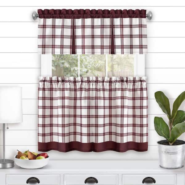 Tate Polyester Light Filtering Tier and Valance Window Curtain Set - 58 in. W x 24 in. L in Burgundy