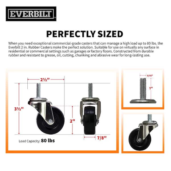 2 in. Soft Rubber Threaded Stem Casters with 80 lb. Load Rating (2 per Pack) 2 in. Soft Rubber Threaded Stem Casters with 80 lb. Load Rating (2 per Pack)