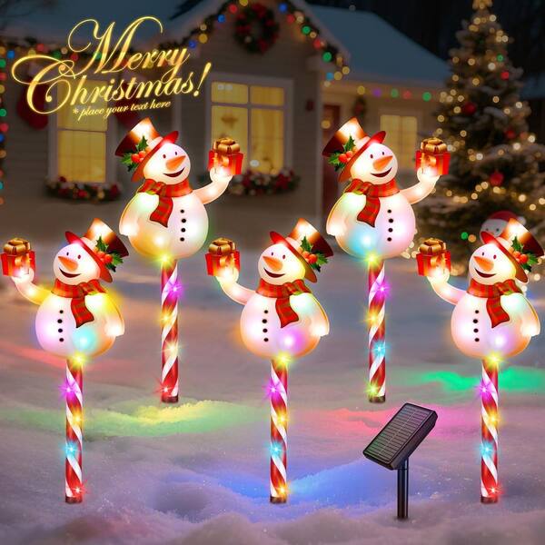 Solar Snowman Pathway Lights with Candy Cane Stakes, 10 Modes