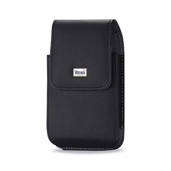 REIKO 6.2 in. x 3.3 in. x 0.7 in. Leather Vertical Universal Phone Pouch with Metal Logo in Black