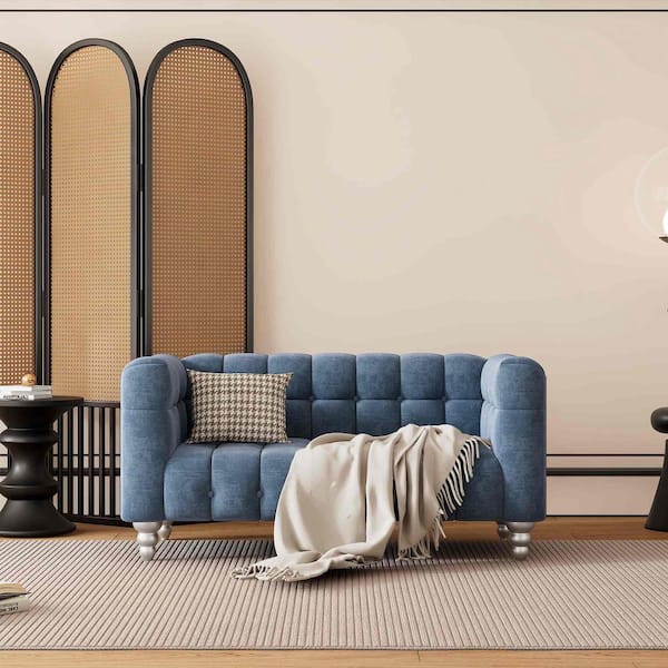 Polibi 63 in. Square Arm Polyester Rectangle Sofa with Solid Wood Legs in Blue