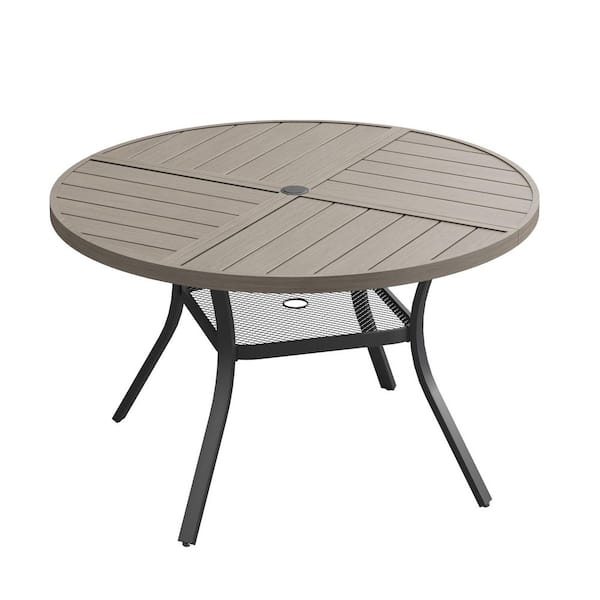 vicllax Grey Wood-Like Round Metal Outdoor Dining Table