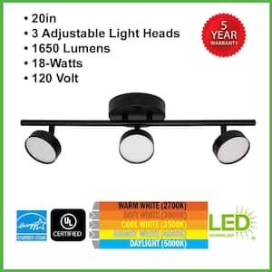 20 in. Matte Black 3 Head Track Light Adjustable Heads Integrated LED Flush Mount 1650 Lumens Warm White to Daylight