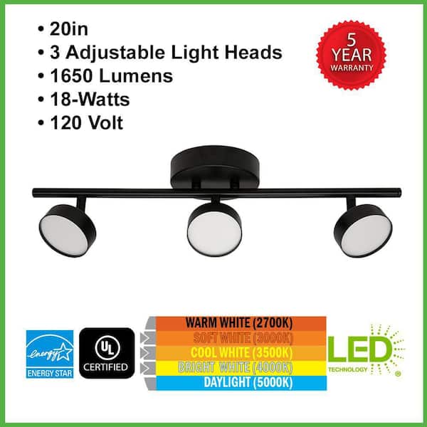 20 in. Matte Black 3-Light Track Light Adjustable Lamp Heads LED Flush Mount 1650 Lumens 2700K-5000K Kitchen Light