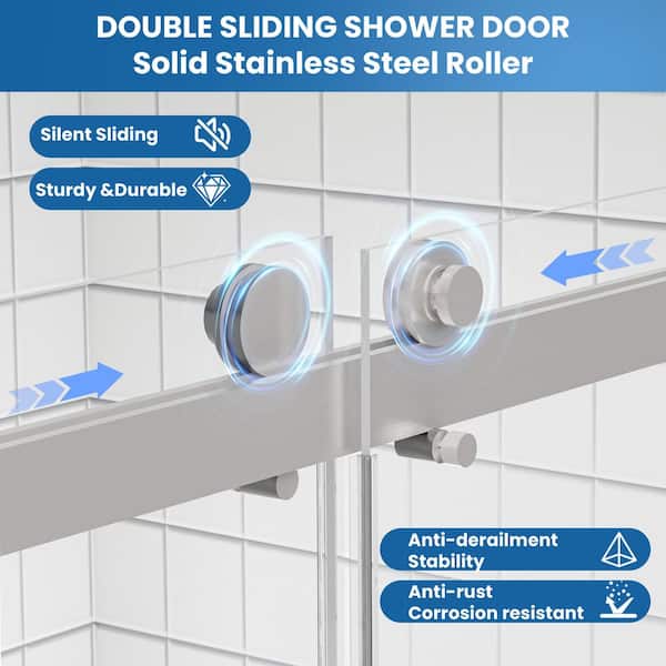 56-60 in. W x 74 in. H Double Sliding Frameless Shower Door in Brushed Nickel with Nano-Coated Easy-Clean Fluted Glass