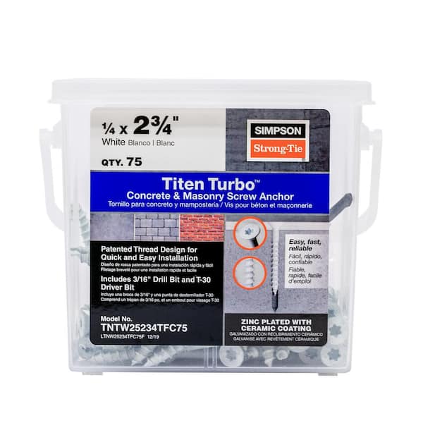 Simpson Strong-Tie Titen Turbo 1/4 in. x 2-3/4 in. 6-Lobe Flat-Head Concrete and Masonry Screw, White (75-Piece)