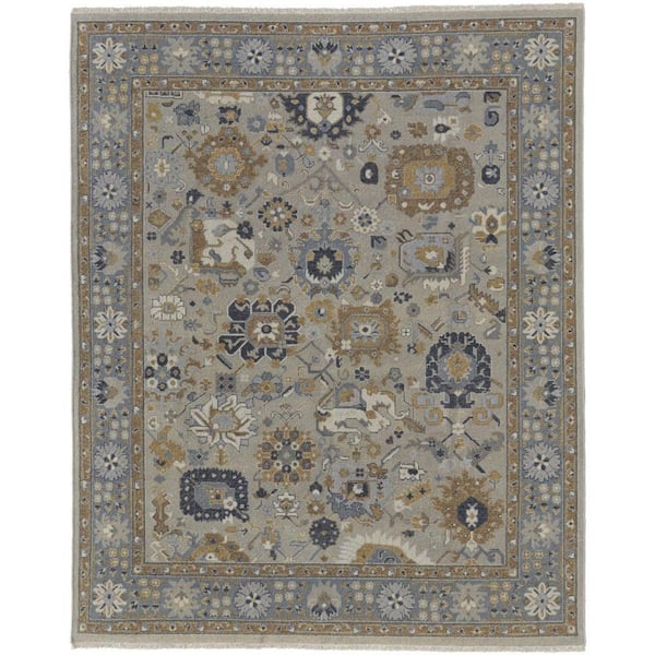 8 ft. x 12 ft. Gray and Brown Wool Oriental Hand Knotted Area Rug With Fringe